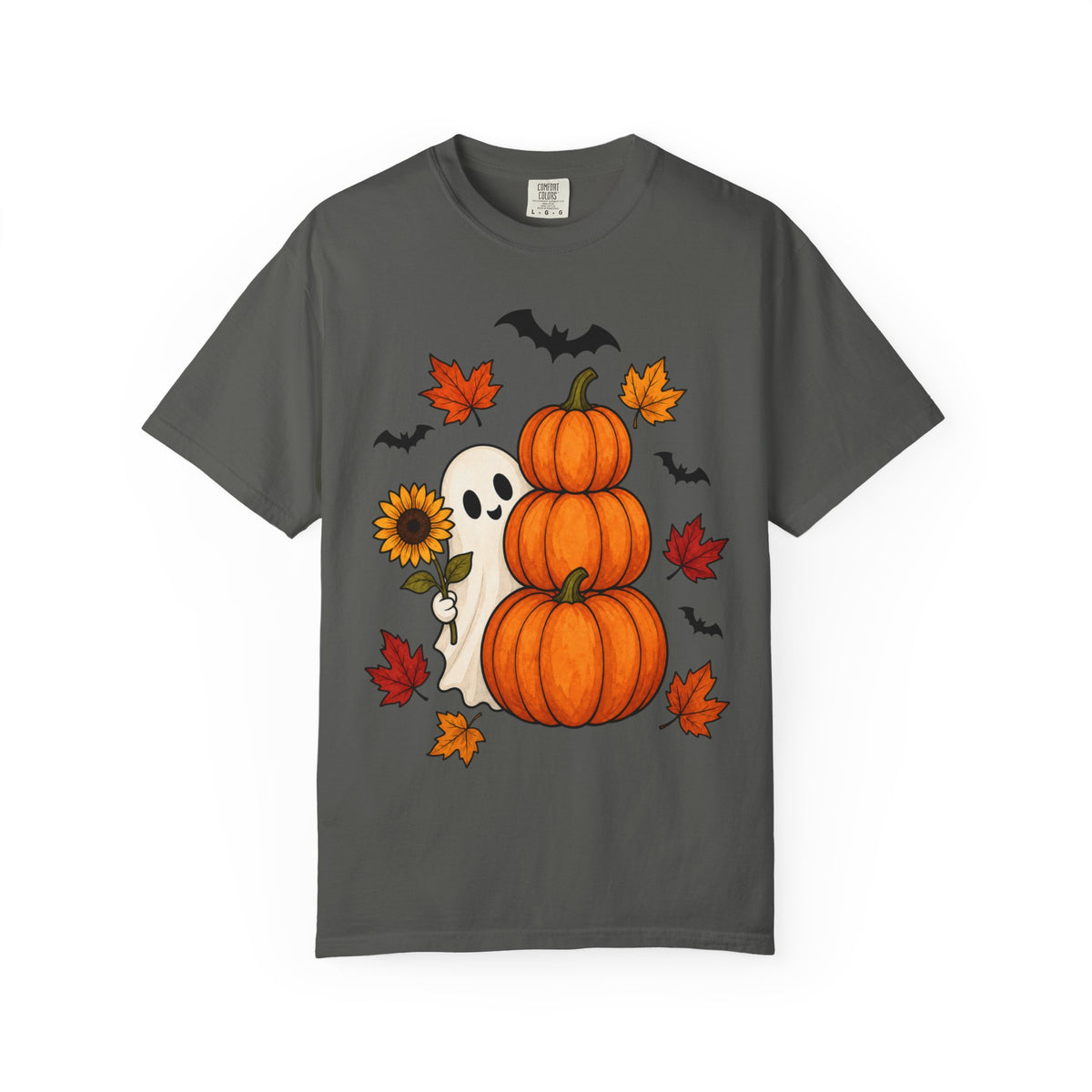 Halloween Pumpkin Stack T-Shirt — Cute Ghost, Sunflower & Falling Leaves Design