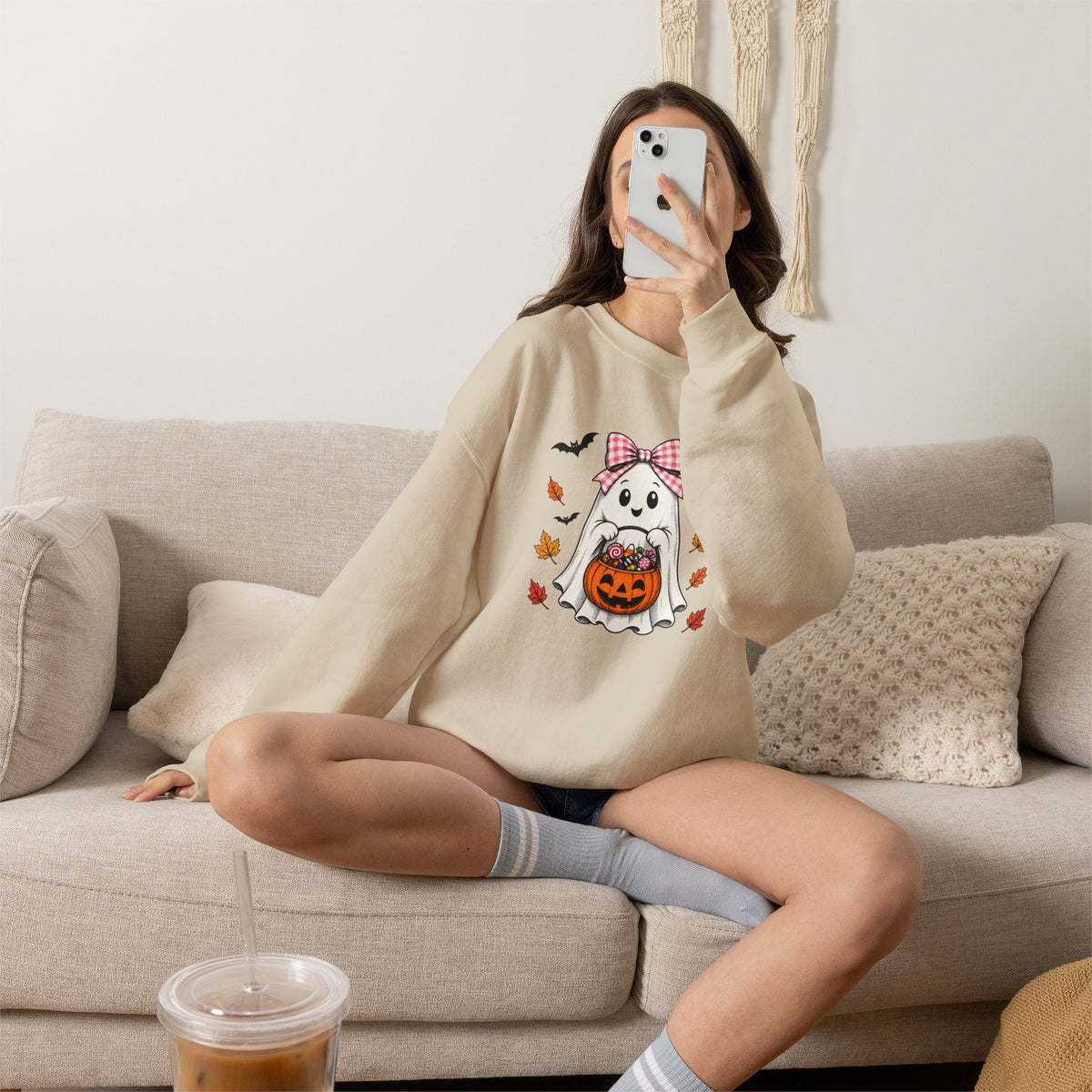 Cute Halloween Ghost Sweatshirt – Girl Ghost with Pumpkin Basket & Bats