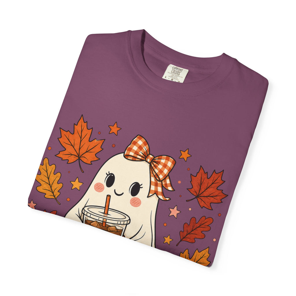 Cute Ghost Pumpkin Drink Tee — Fall Leaves Graphic T-Shirt