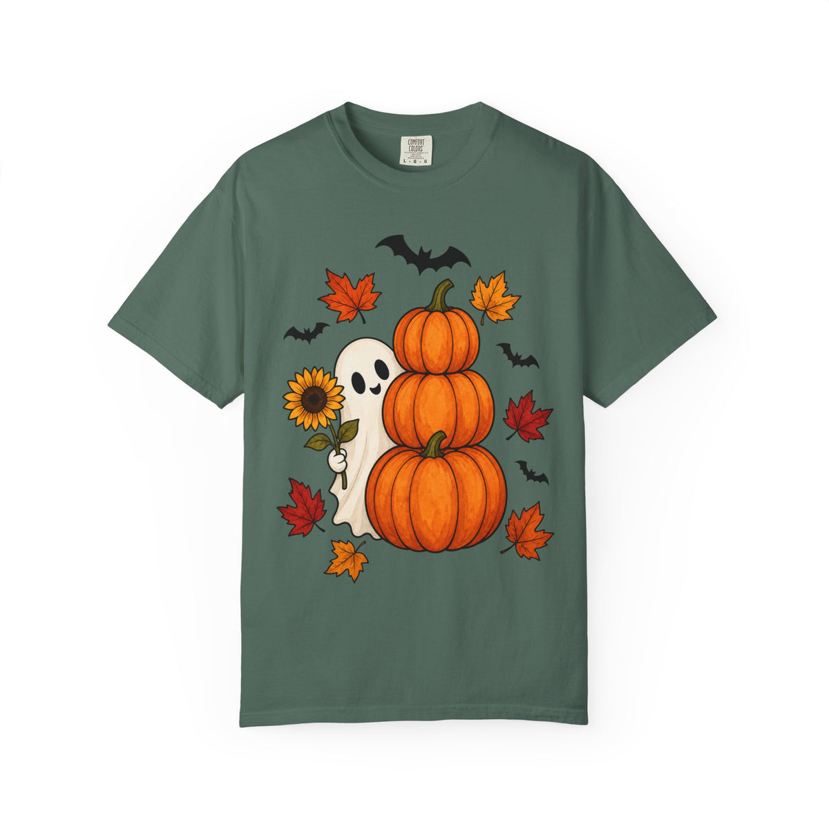 Halloween Pumpkin Stack T-Shirt — Cute Ghost, Sunflower & Falling Leaves Design