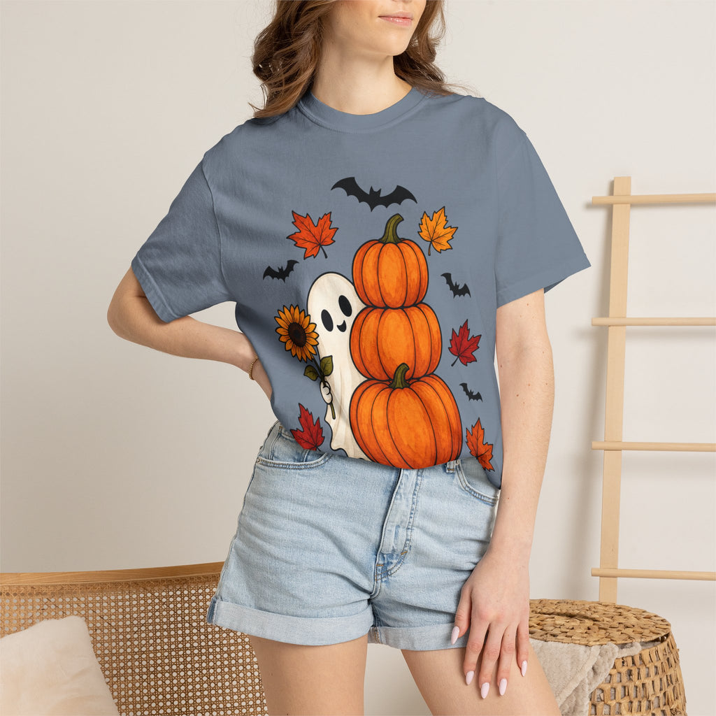 Halloween Pumpkin Stack T-Shirt — Cute Ghost, Sunflower & Falling Leaves Design