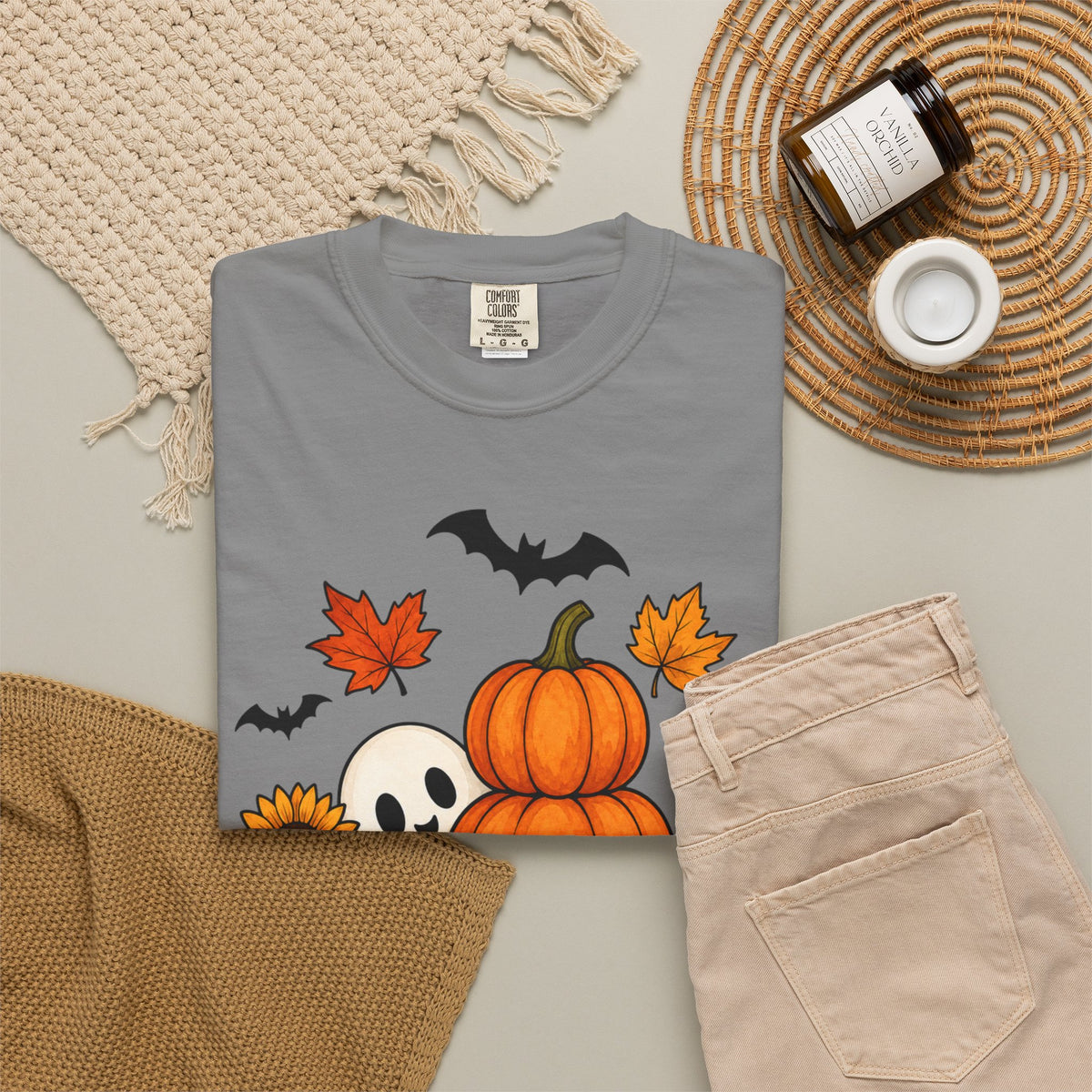 Halloween Pumpkin Stack T-Shirt — Cute Ghost, Sunflower & Falling Leaves Design