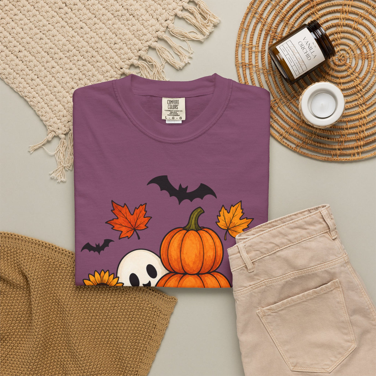 Halloween Pumpkin Stack T-Shirt — Cute Ghost, Sunflower & Falling Leaves Design