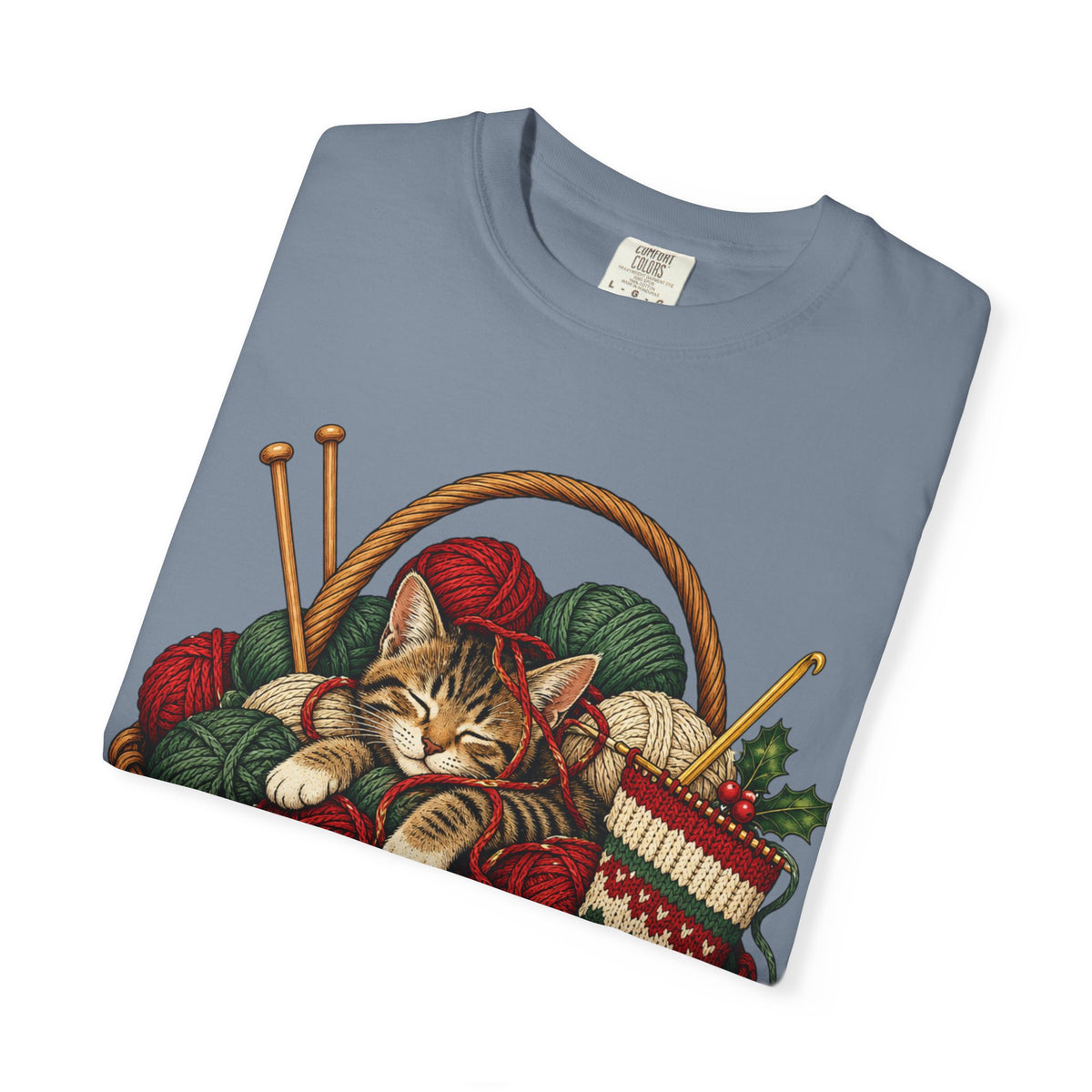 Cat in Yarn Basket T‑Shirt — Cozy Holiday Knitting Cat Tee