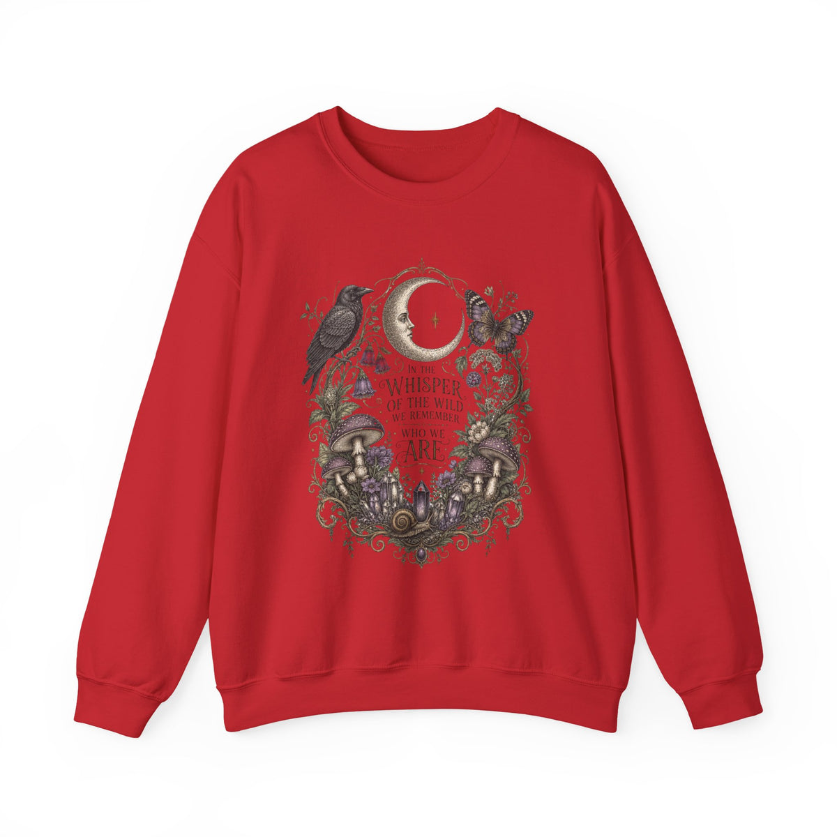 Mystic Moon & Mushroom Crewneck Sweatshirt — "Whisper to the Wild" Nature Graphic