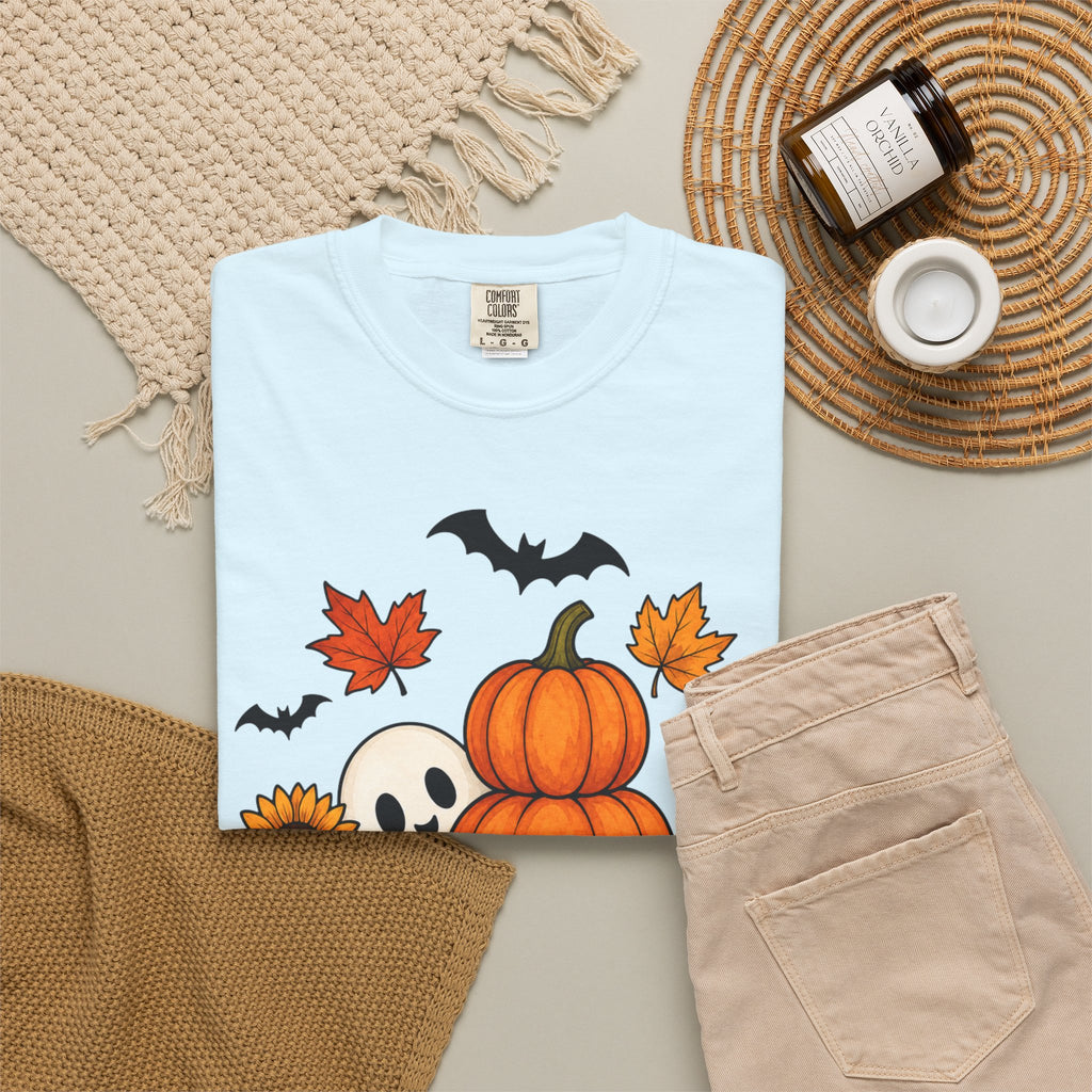 Halloween Pumpkin Stack T-Shirt — Cute Ghost, Sunflower & Falling Leaves Design