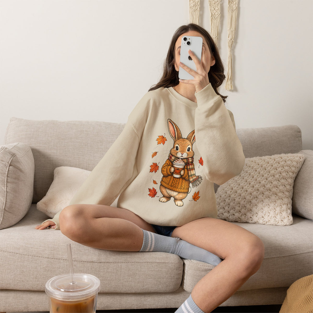 Autumn Bunny Sweatshirt – Cozy Fall Rabbit Holding Coffee