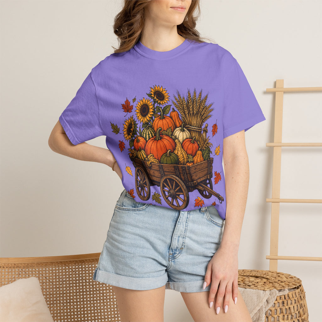 T-Shirt „Herbsternte-Wagen“ — Kürbis & Sonnenblume Herbst-T-Shirt
