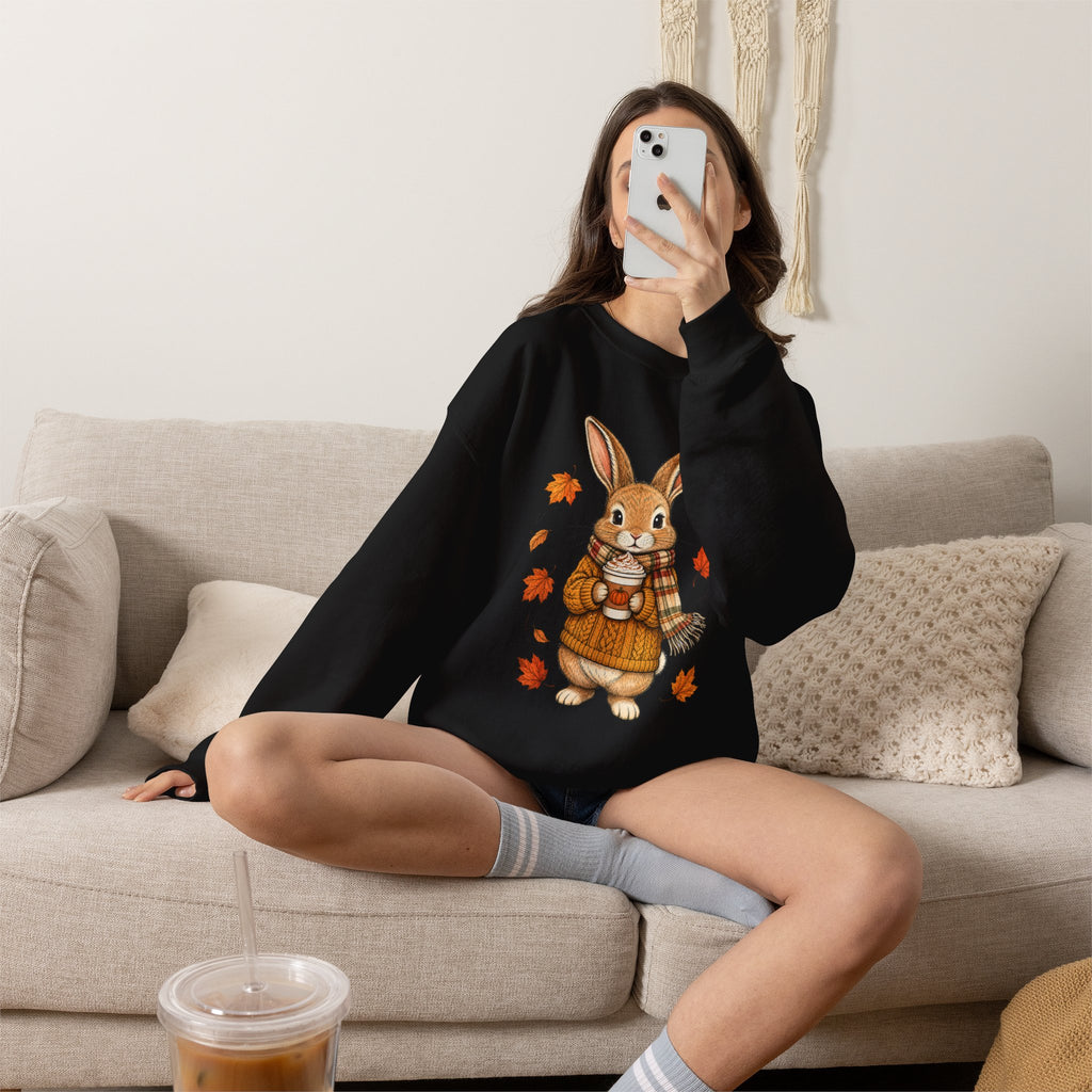 Autumn Bunny Sweatshirt – Cozy Fall Rabbit Holding Coffee