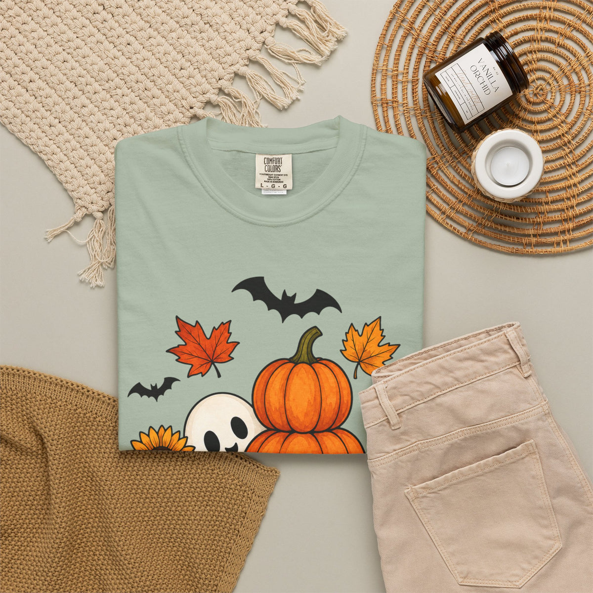 Halloween Pumpkin Stack T-Shirt — Cute Ghost, Sunflower & Falling Leaves Design
