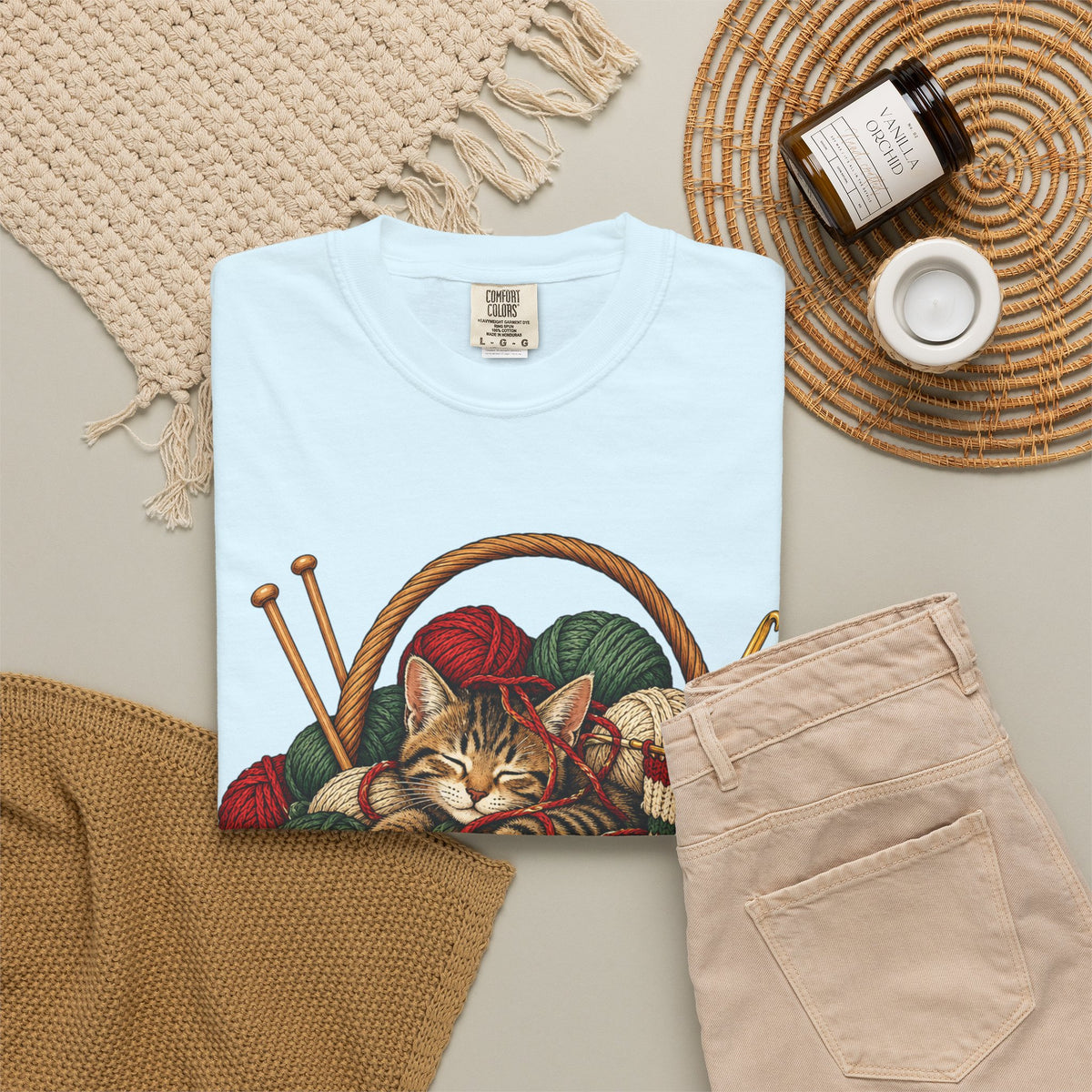 Cat in Yarn Basket T‑Shirt — Cozy Holiday Knitting Cat Tee
