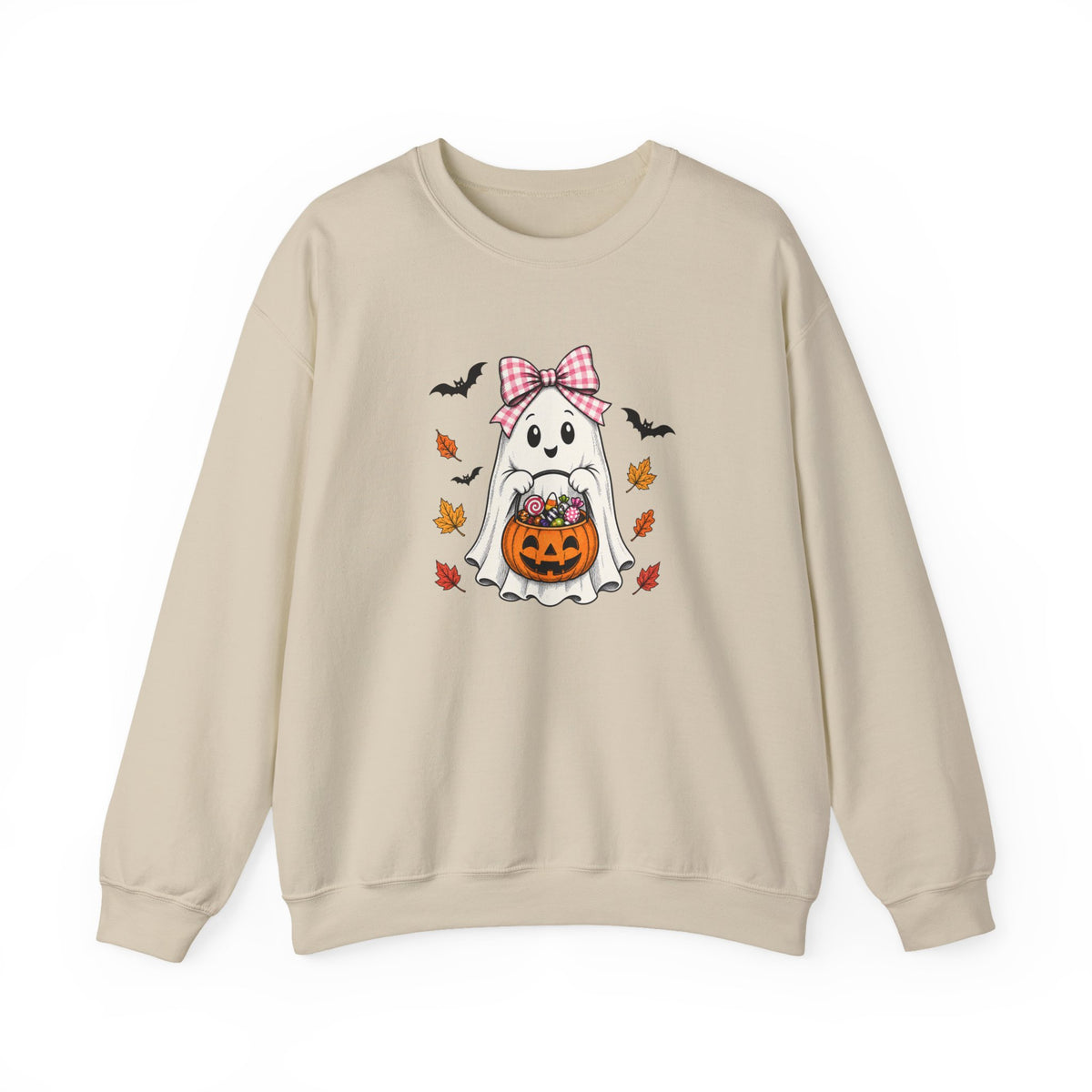 Cute Halloween Ghost Sweatshirt – Girl Ghost with Pumpkin Basket & Bats