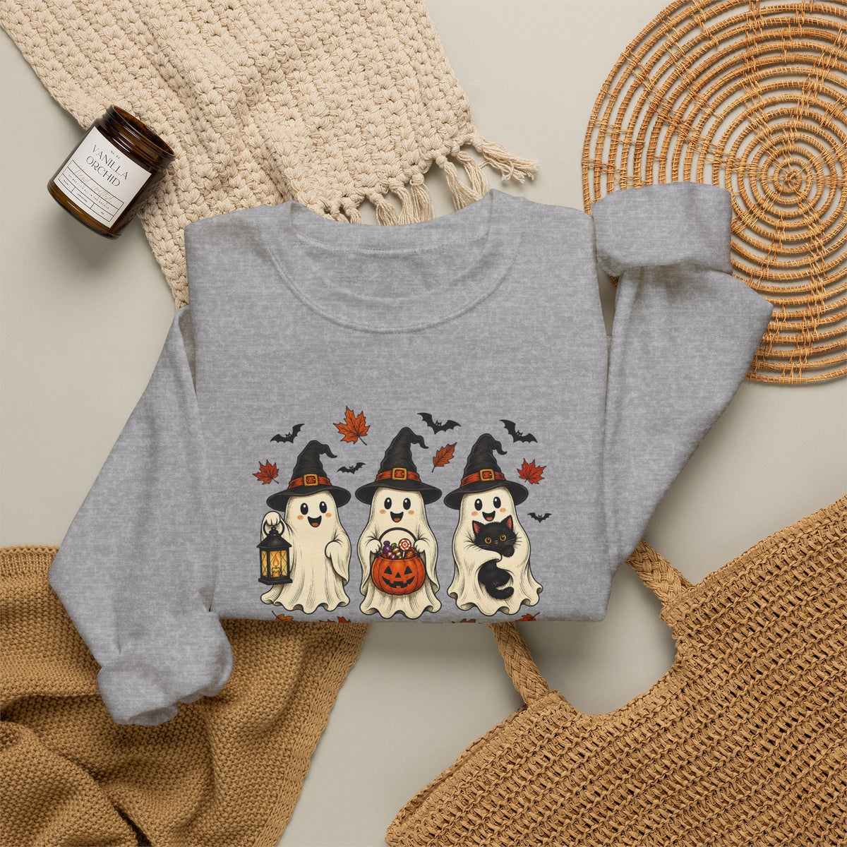Halloween Puppy Ghosts Sweatshirt — Cute Dogs in Witch Hats with Jack-o'-Lantern