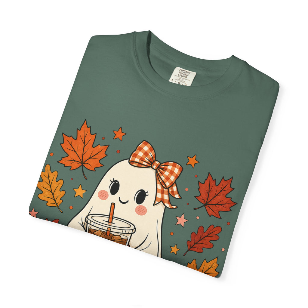 Cute Ghost Pumpkin Drink Tee — Fall Leaves Graphic T-Shirt