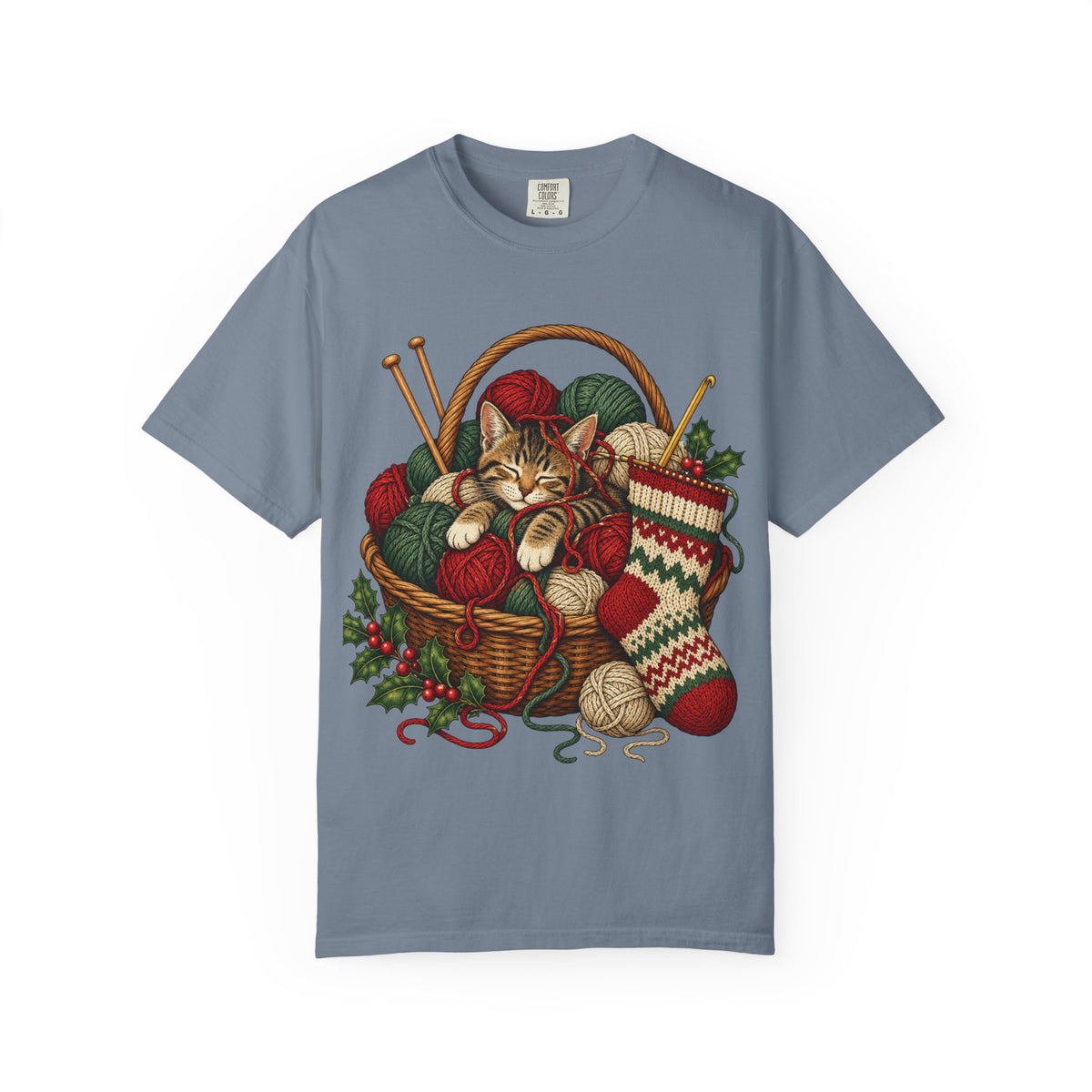 Cat in Yarn Basket T‑Shirt — Cozy Holiday Knitting Cat Tee