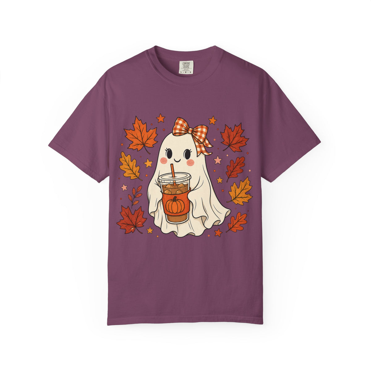 Cute Ghost Pumpkin Drink Tee — Fall Leaves Graphic T-Shirt