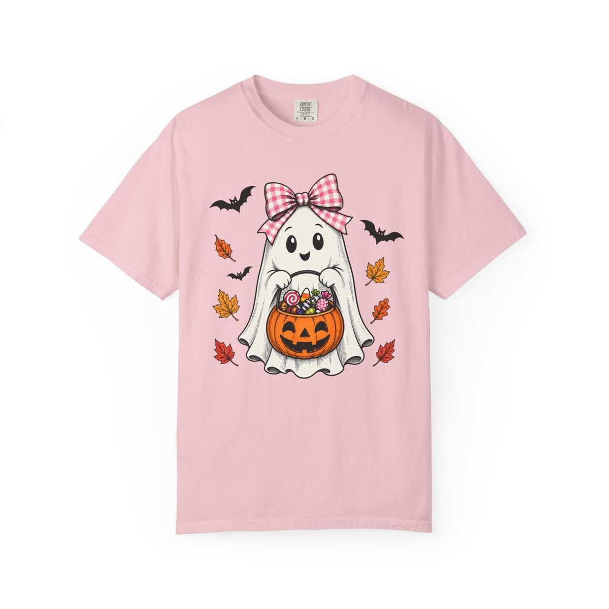 Cute Halloween Ghost T-Shirt — Trick-or-Treat Pumpkin & Bats