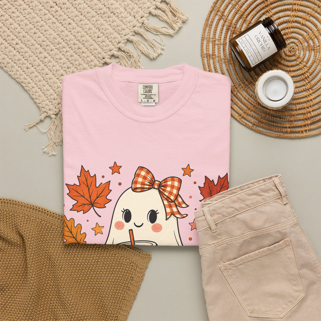 Cute Ghost Pumpkin Drink Tee — Fall Leaves Graphic T-Shirt