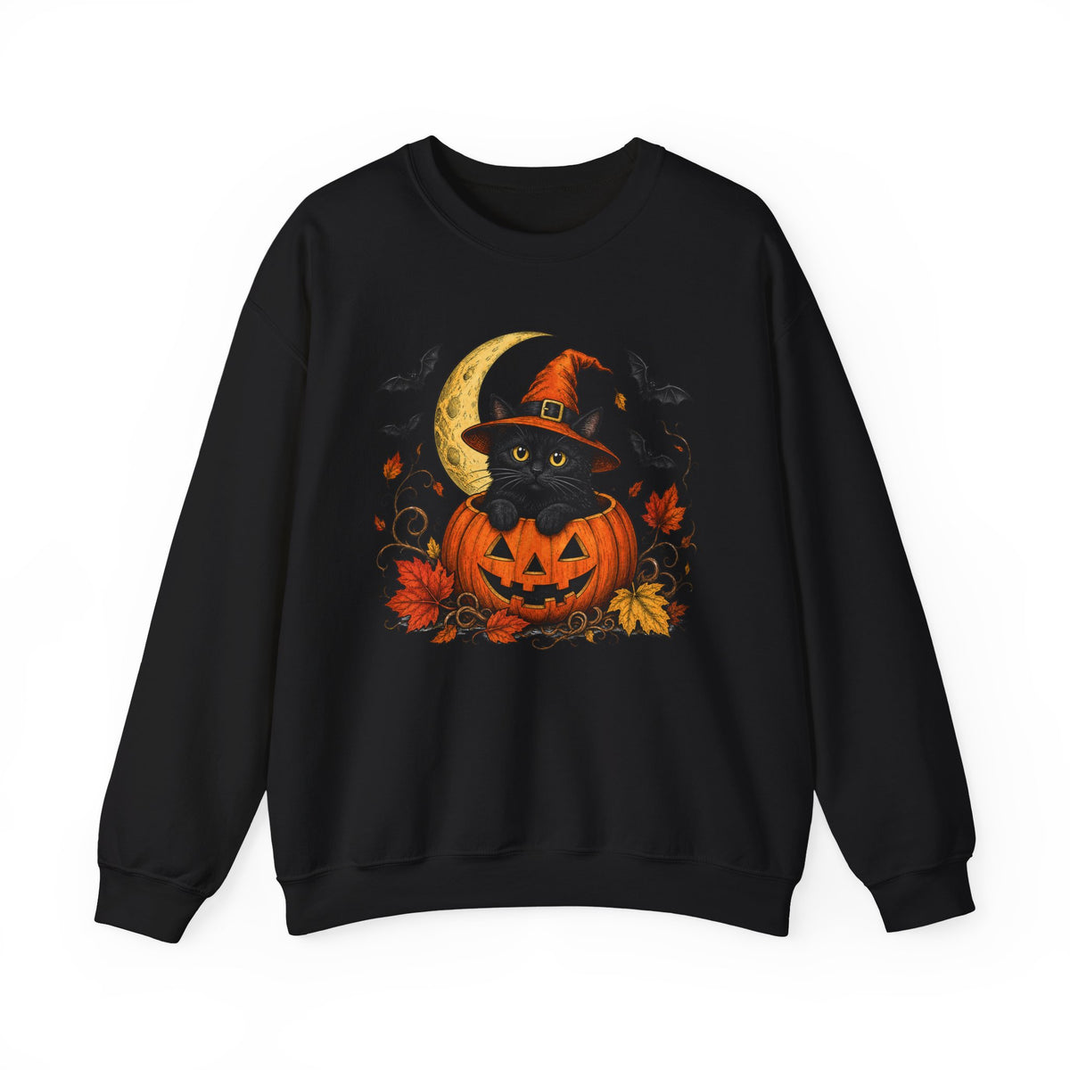 Halloween Black Cat Pumpkin Sweatshirt — Witch Hat, Moon & Bats Crewneck
