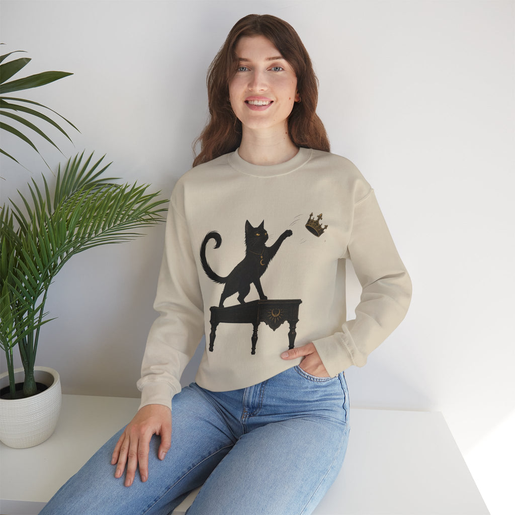Cat with Crown Crewneck Sweatshirt — Playful Black Cat Graphic