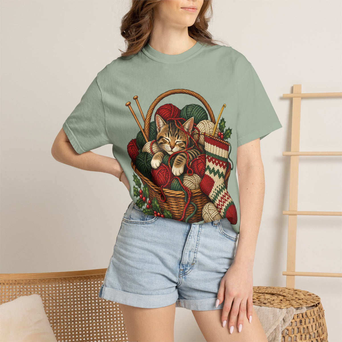 Cat in Yarn Basket T‑Shirt — Cozy Holiday Knitting Cat Tee