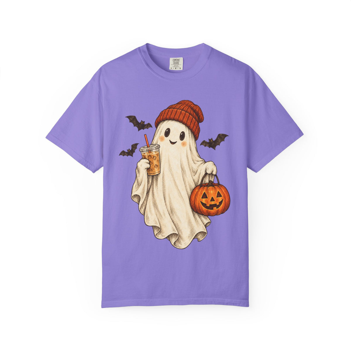 Halloween Ghost T-Shirt — Cute Ghost with Pumpkin & Coffee Graphic