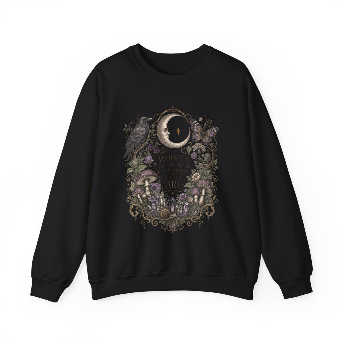 Mystic Moon & Mushroom Crewneck Sweatshirt — "Whisper to the Wild" Nature Graphic