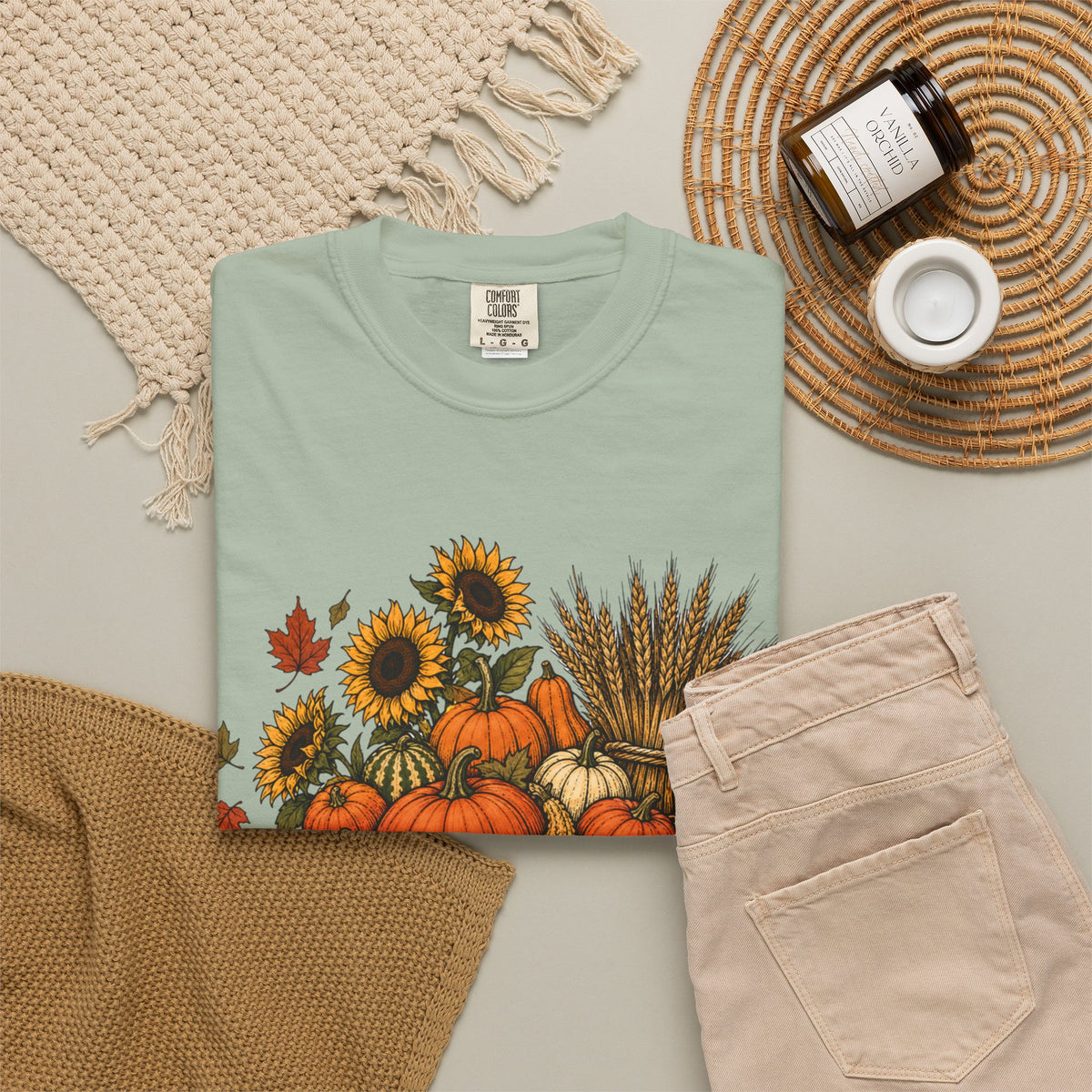 T-Shirt „Herbsternte-Wagen“ — Kürbis & Sonnenblume Herbst-T-Shirt