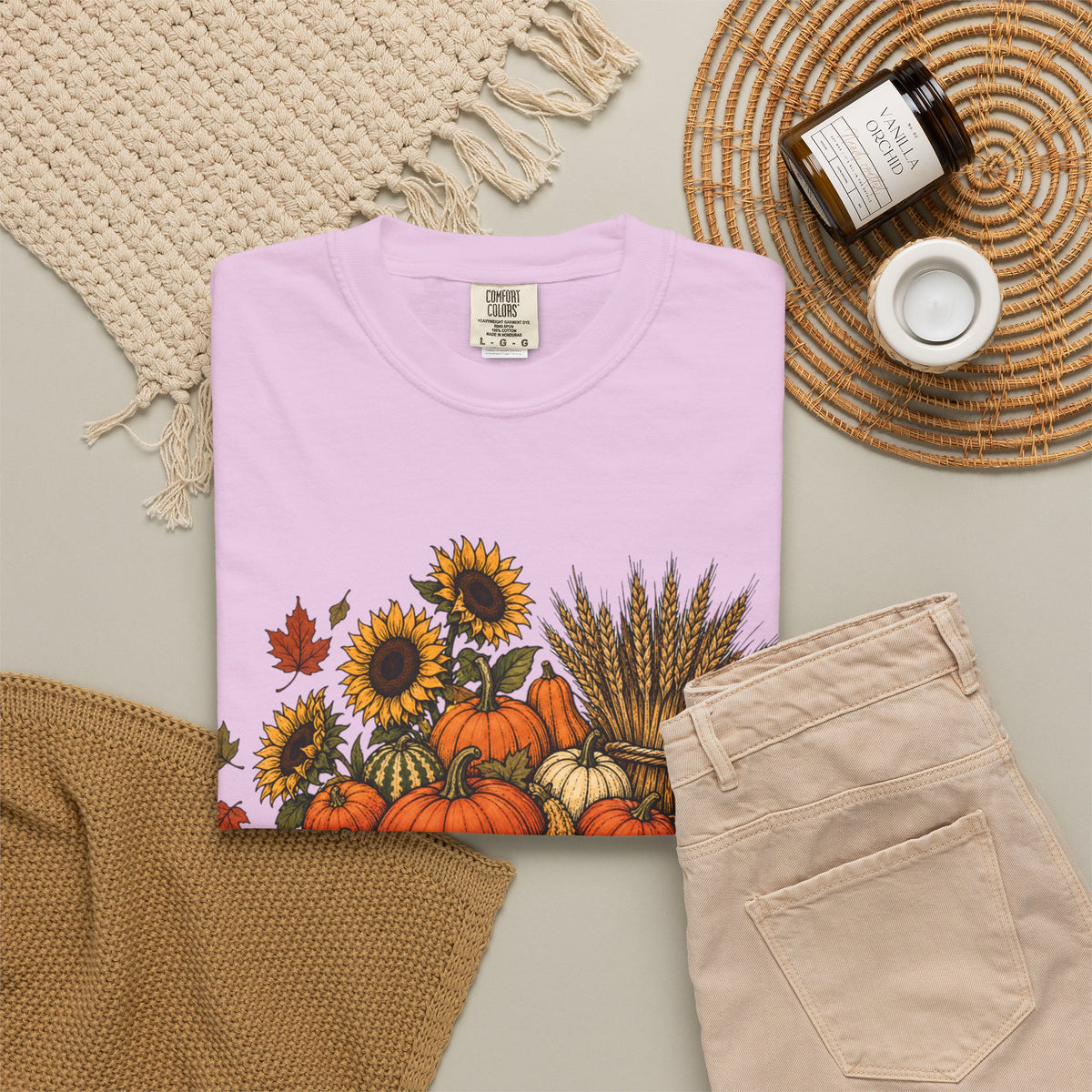 T-Shirt „Herbsternte-Wagen“ — Kürbis & Sonnenblume Herbst-T-Shirt