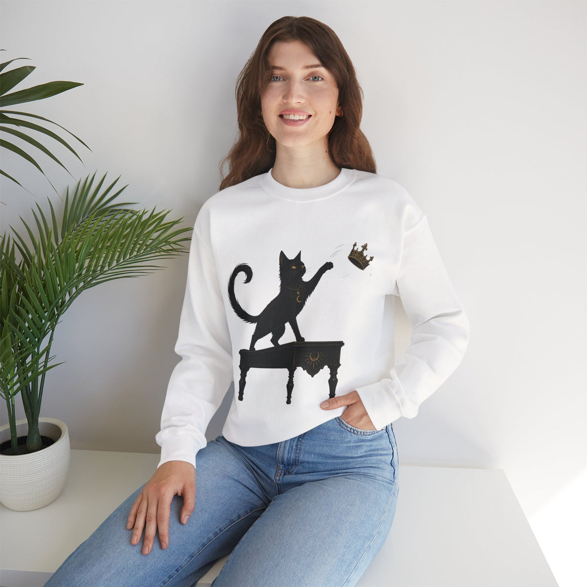 Cat with Crown Crewneck Sweatshirt — Playful Black Cat Graphic