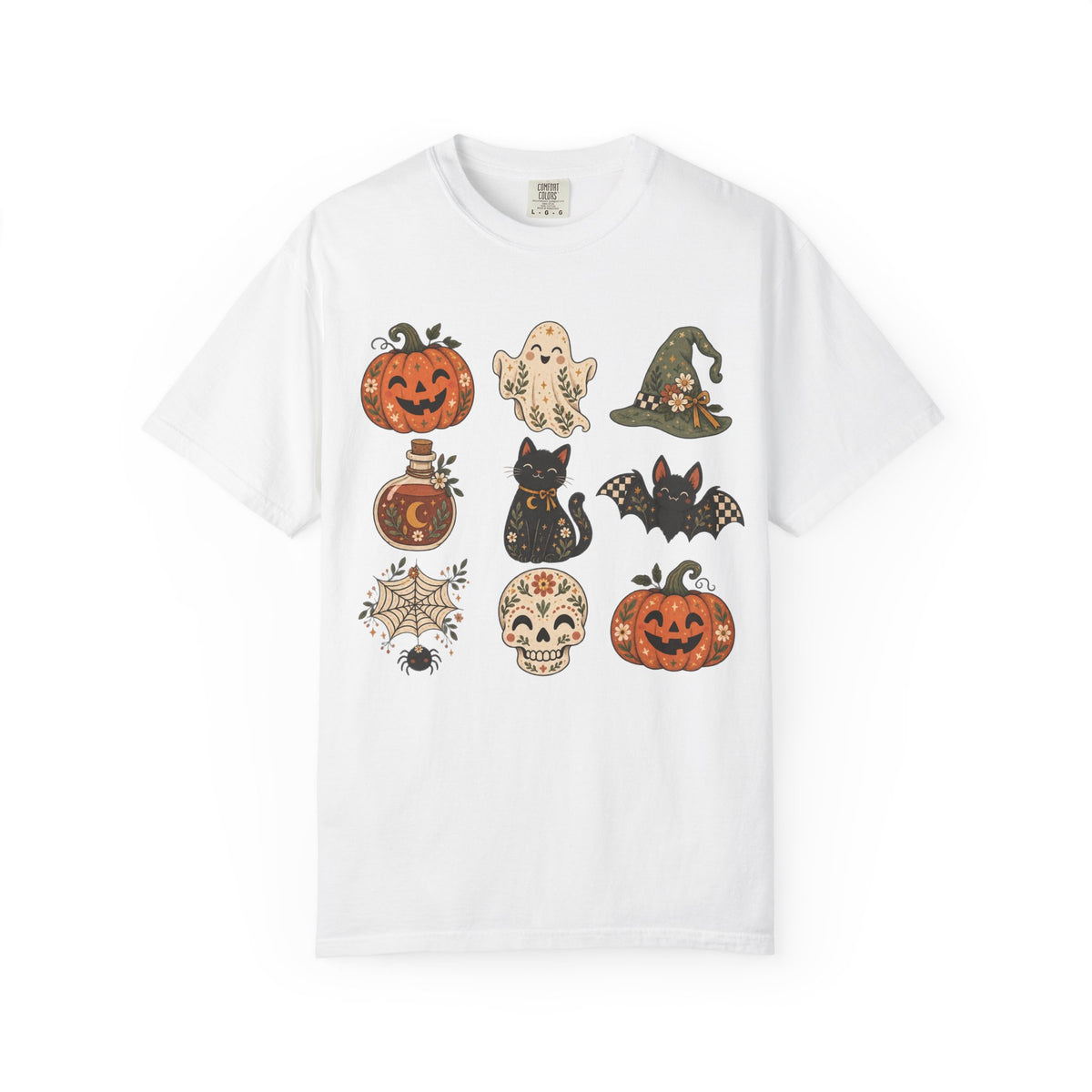 Halloween Icons T-Shirt — Cute Retro Pumpkins, Ghost, Cat & Skull Tee