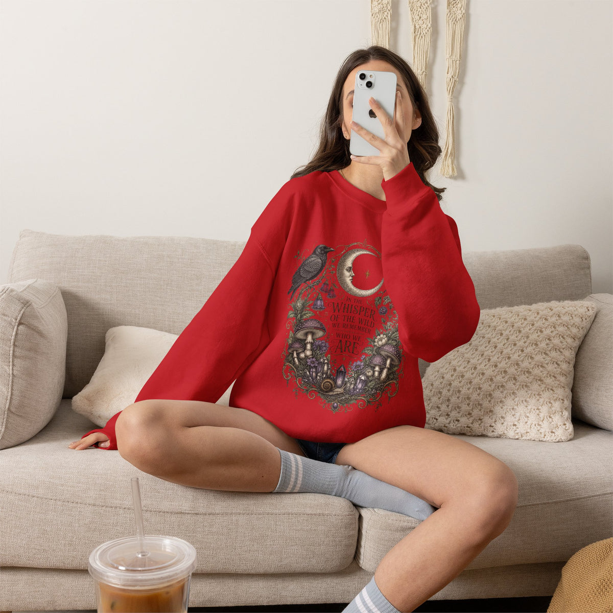 Mystic Moon & Mushroom Crewneck Sweatshirt — "Whisper to the Wild" Nature Graphic