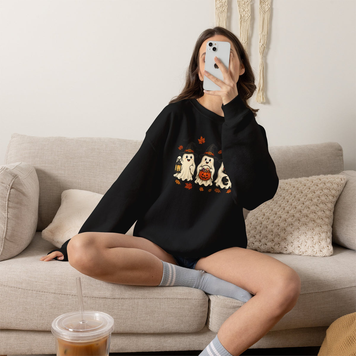 Halloween Puppy Ghosts Sweatshirt — Cute Dogs in Witch Hats with Jack-o'-Lantern