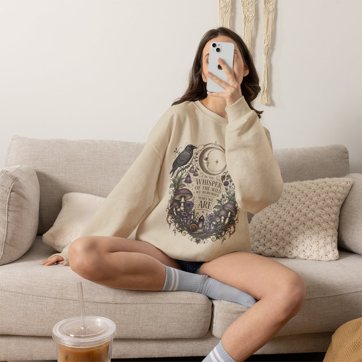 Mystic Moon & Mushroom Crewneck Sweatshirt — "Whisper to the Wild" Nature Graphic