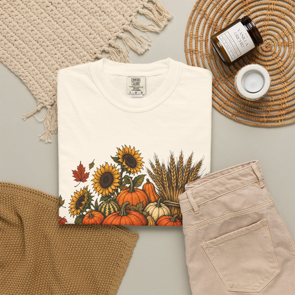 T-Shirt „Herbsternte-Wagen“ — Kürbis & Sonnenblume Herbst-T-Shirt