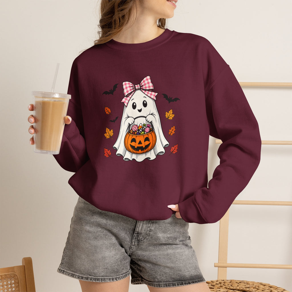 Cute Halloween Ghost Sweatshirt – Girl Ghost with Pumpkin Basket & Bats