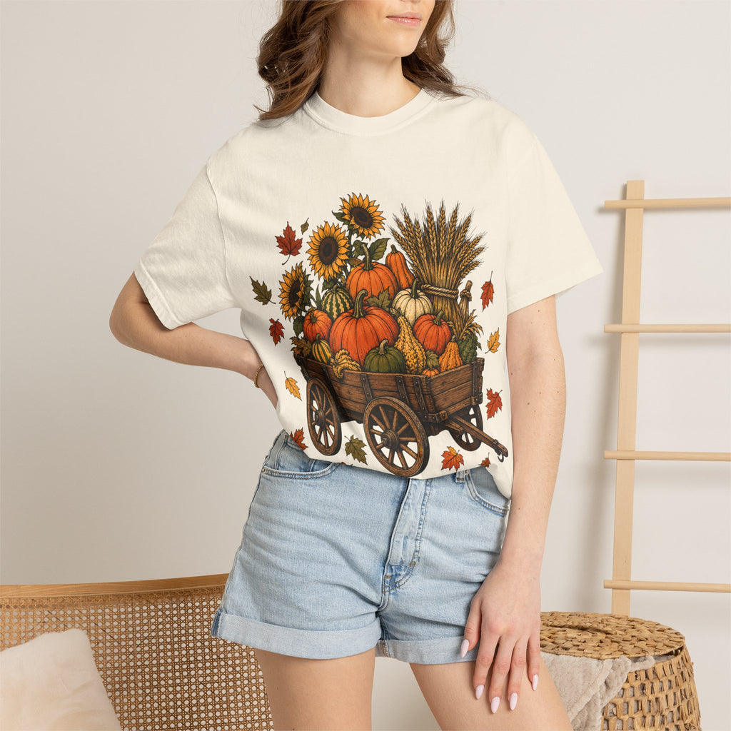 T-Shirt „Herbsternte-Wagen“ — Kürbis & Sonnenblume Herbst-T-Shirt