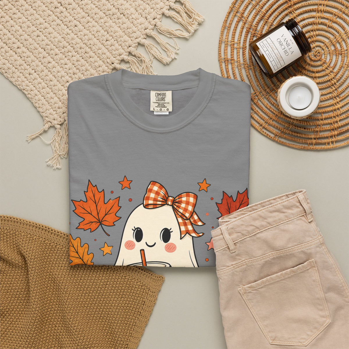 Cute Ghost Pumpkin Drink Tee — Fall Leaves Graphic T-Shirt