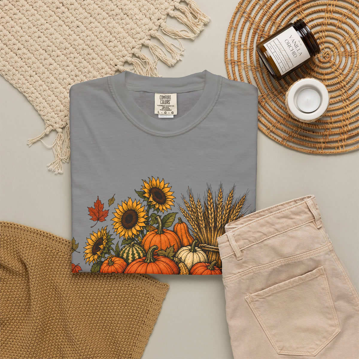 T-Shirt „Herbsternte-Wagen“ — Kürbis & Sonnenblume Herbst-T-Shirt