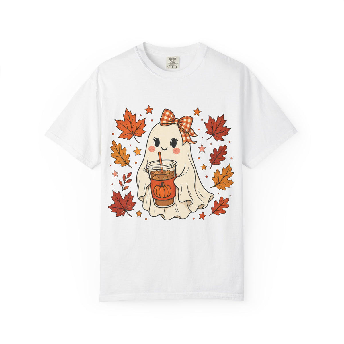 Cute Ghost Pumpkin Drink Tee — Fall Leaves Graphic T-Shirt