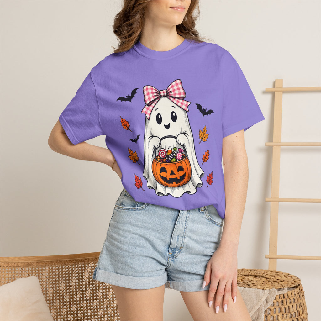 Cute Halloween Ghost T-Shirt — Trick-or-Treat Pumpkin & Bats