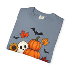 Halloween Pumpkin Stack T-Shirt — Cute Ghost, Sunflower & Falling Leaves Design