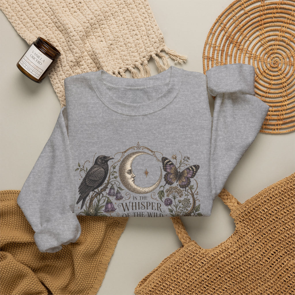 Mystic Moon & Mushroom Crewneck Sweatshirt — "Whisper to the Wild" Nature Graphic