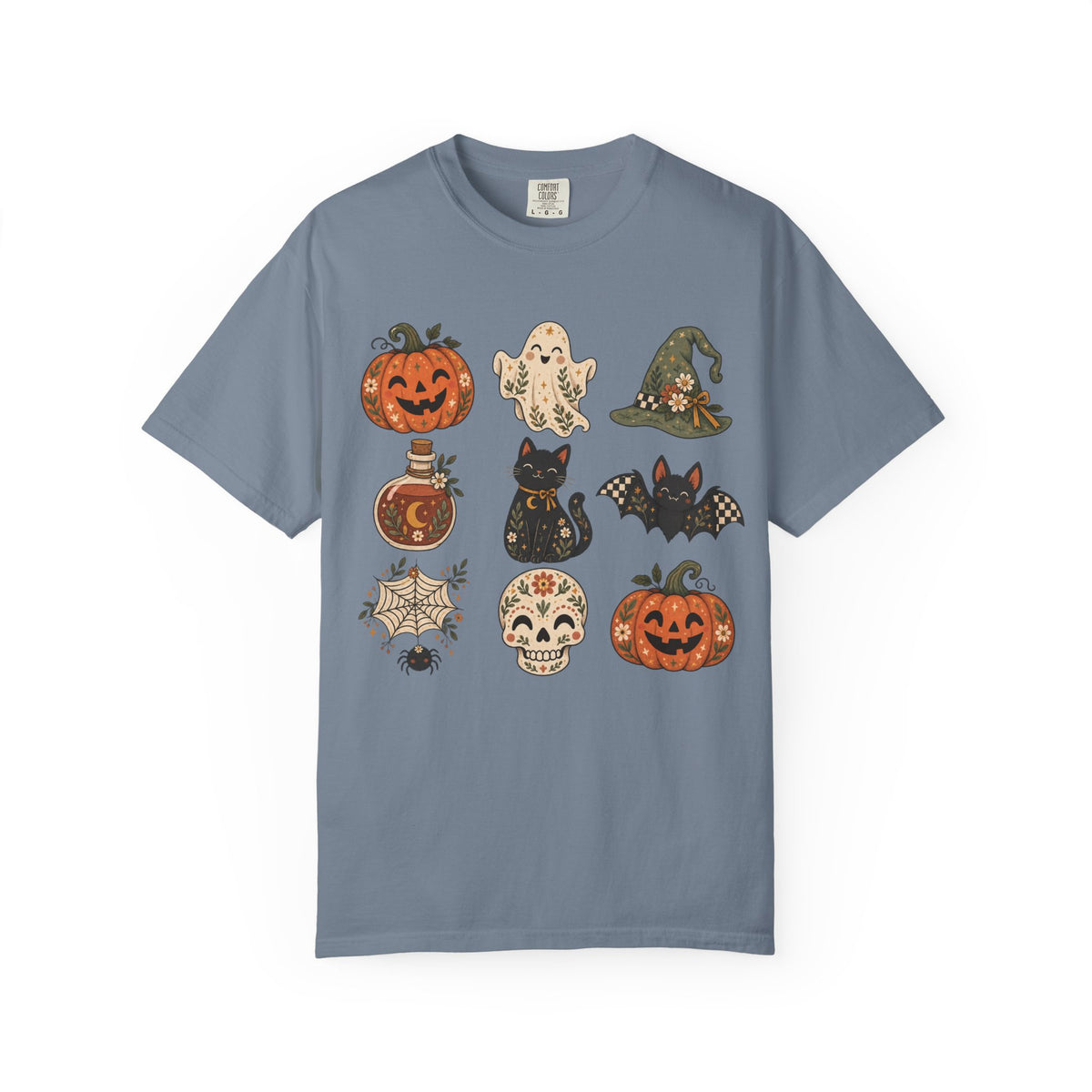 Halloween Icons T-Shirt — Cute Retro Pumpkins, Ghost, Cat & Skull Tee