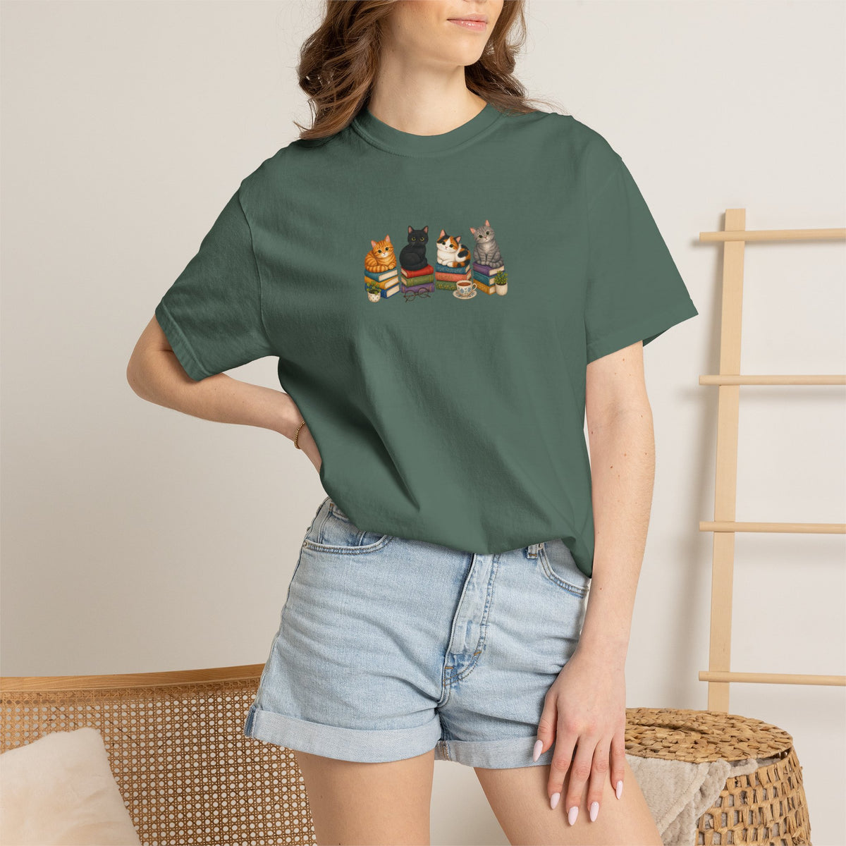 Cat Knit Crew T-Shirt — Cozy Cats Sitting Together Graphic Tee