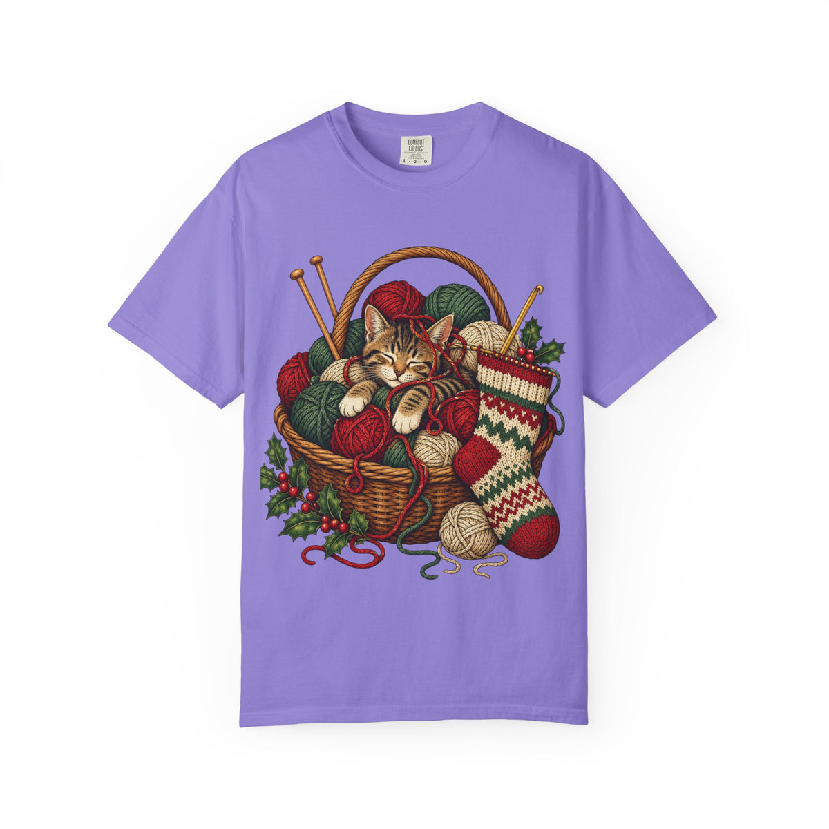 Cat in Yarn Basket T‑Shirt — Cozy Holiday Knitting Cat Tee