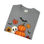 Halloween Pumpkin Stack T-Shirt — Cute Ghost, Sunflower & Falling Leaves Design