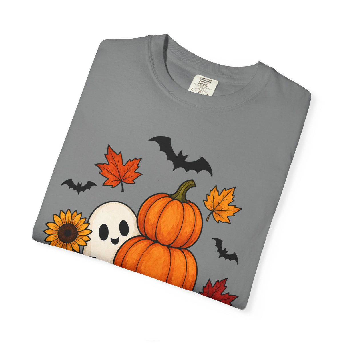 Halloween Pumpkin Stack T-Shirt — Cute Ghost, Sunflower & Falling Leaves Design