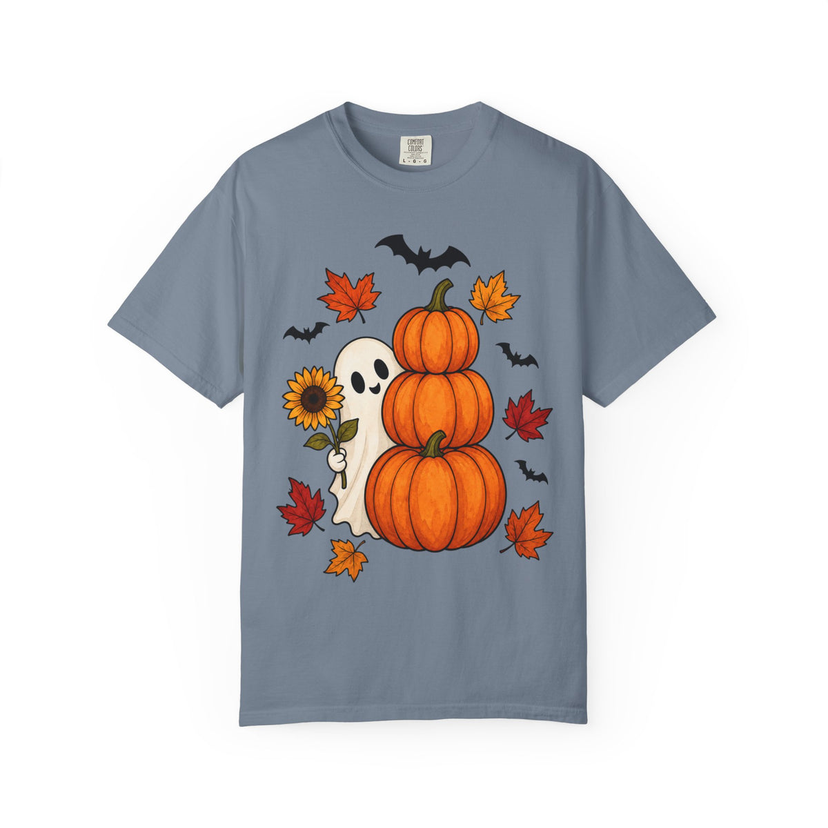 Halloween Pumpkin Stack T-Shirt — Cute Ghost, Sunflower & Falling Leaves Design
