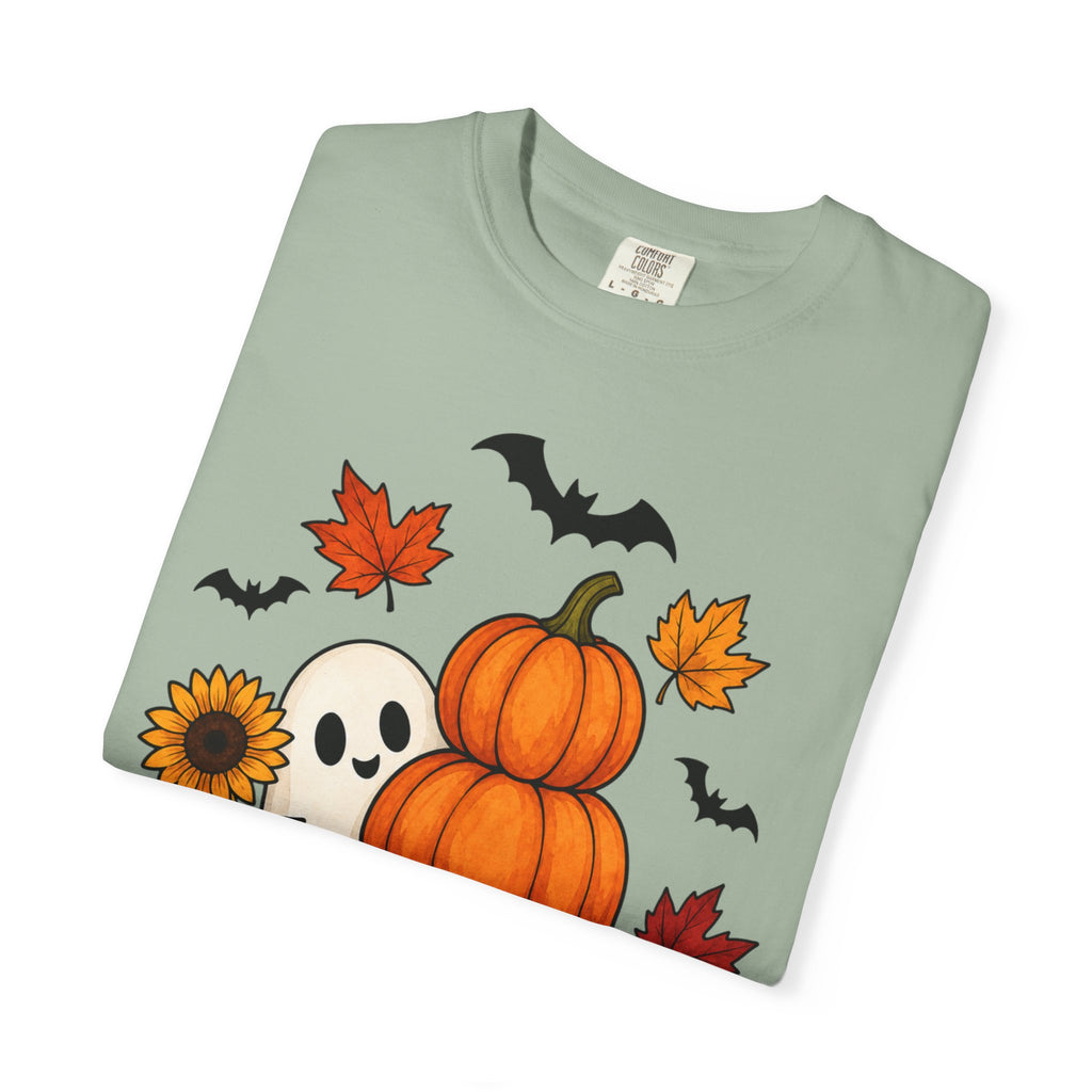 Halloween Pumpkin Stack T-Shirt — Cute Ghost, Sunflower & Falling Leaves Design
